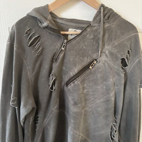 Men Thrashed Quarter Zip Pullover Hoodie Gray Size XL Grunge Punk Distressed 90s - Picture 3 of 14